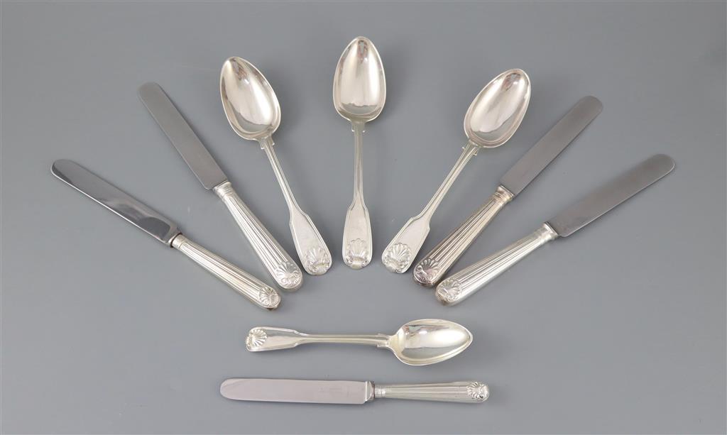 A matched part canteen of George III and later silver fiddle thread and shell pattern cutlery, weighable silver 139.5oz.